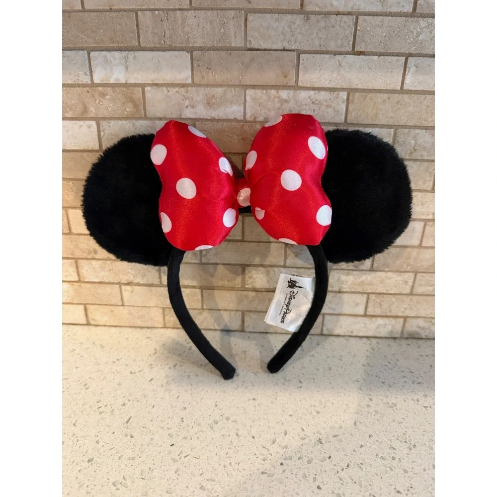 Disney Parks Minnie Mouse Headband Classic Satin Polka Dot Bow Black Red OSFM